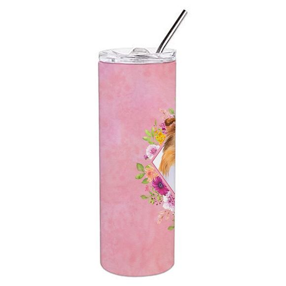 Sheltie Shetland Sheepdog Pink Flowers Stainless Steel 20 oz Skinny Tumbler - Picture 2 of 4